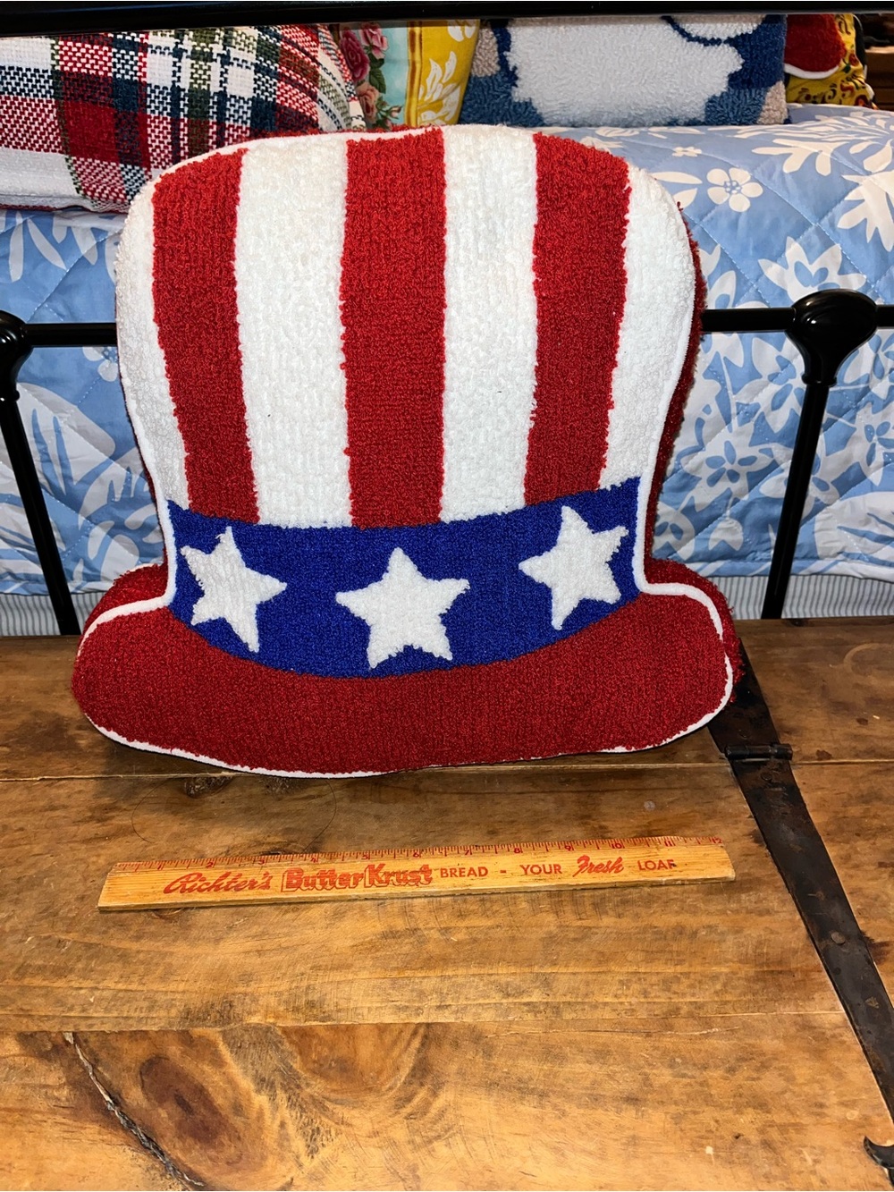 Patriotic Red White and Blue Star Hat Holiday Pillow